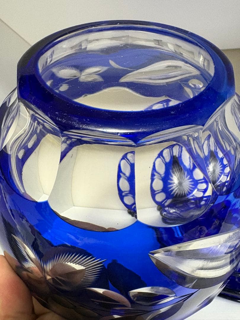 昭和レトロ 切子ガラス 青被せ サラダボウル 小皿4枚