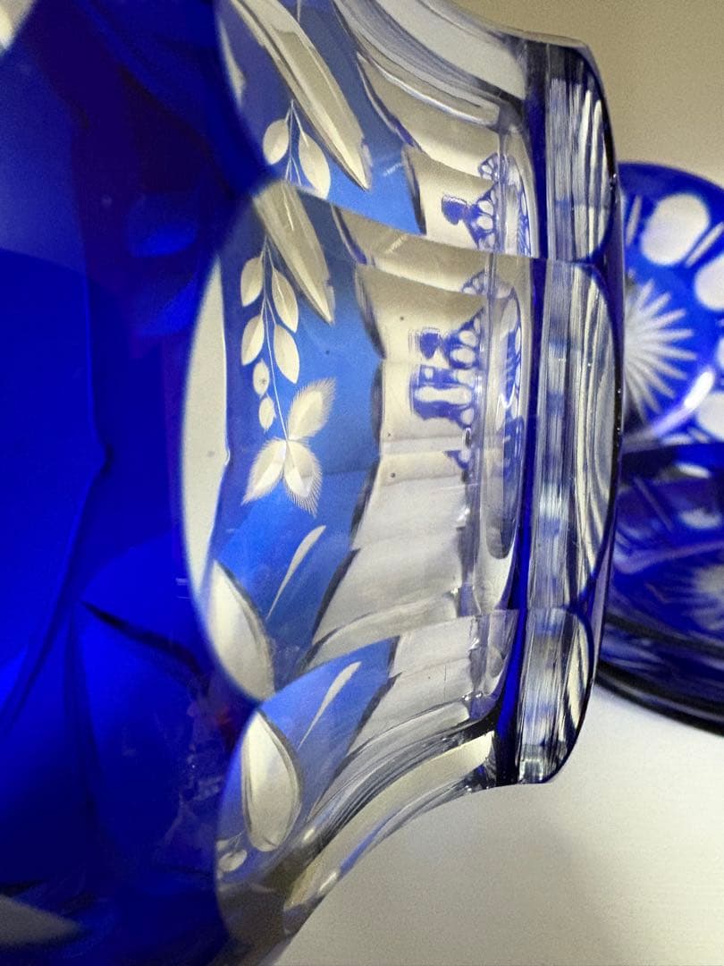 昭和レトロ 切子ガラス 青被せ サラダボウル 小皿4枚