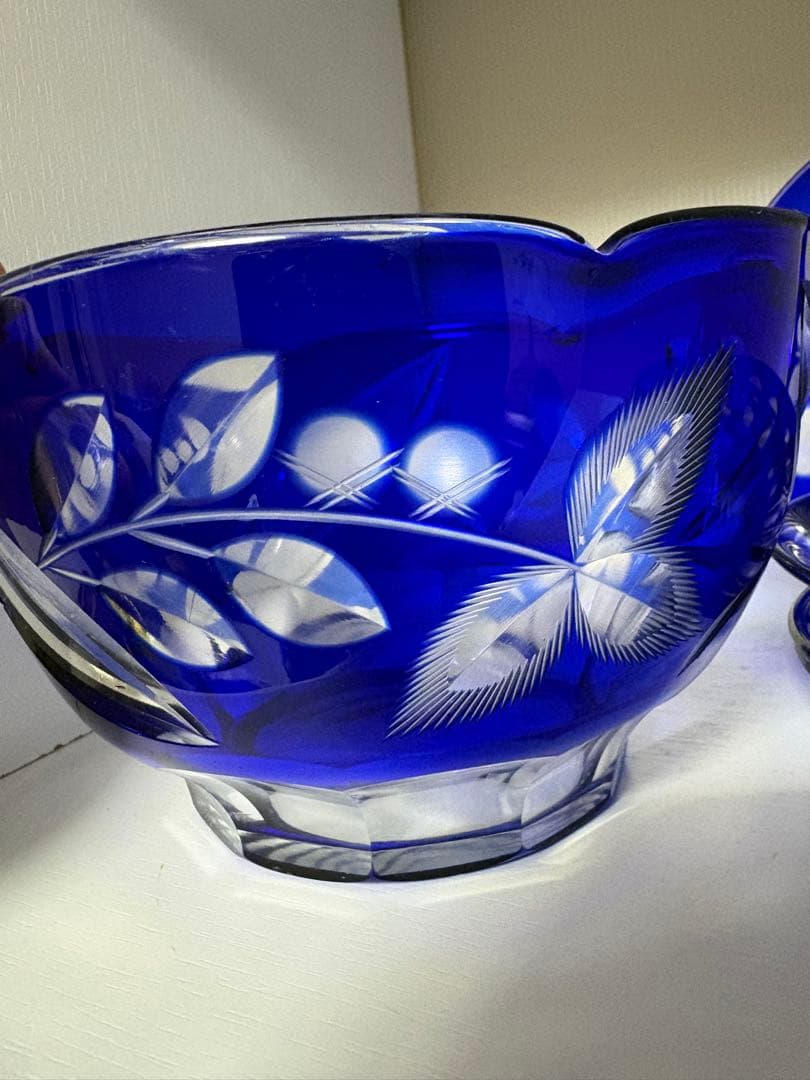 昭和レトロ 切子ガラス 青被せ サラダボウル 小皿4枚