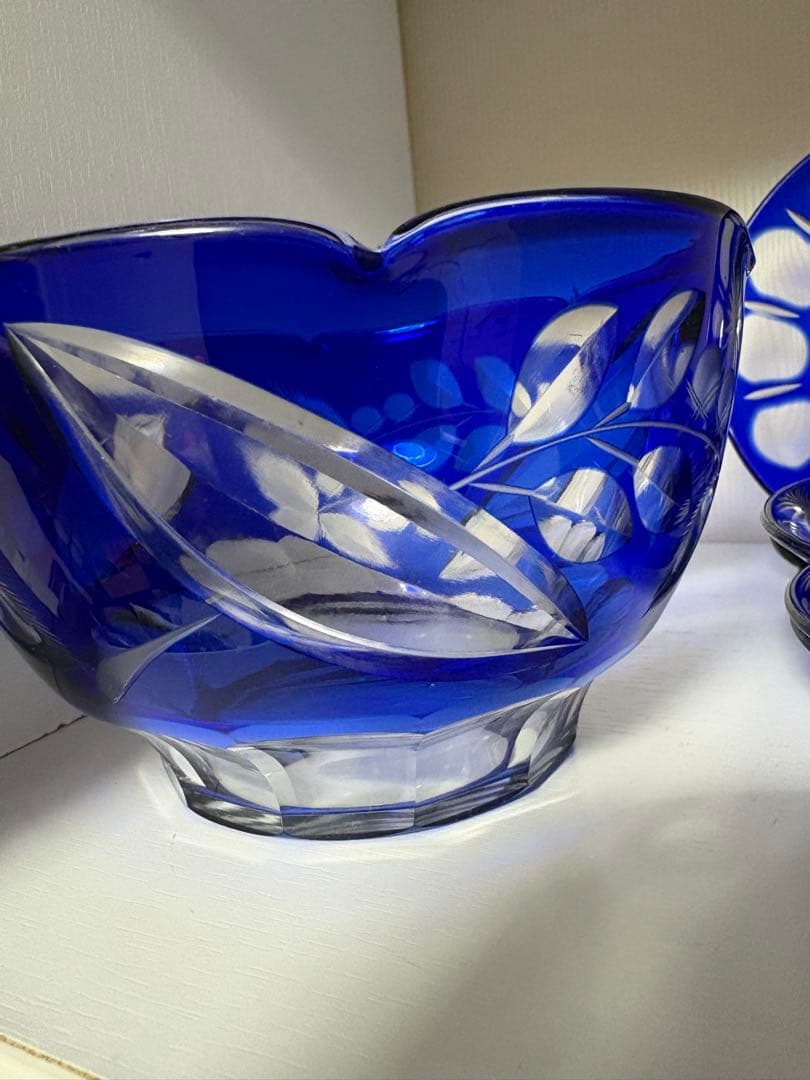 昭和レトロ 切子ガラス 青被せ サラダボウル 小皿4枚