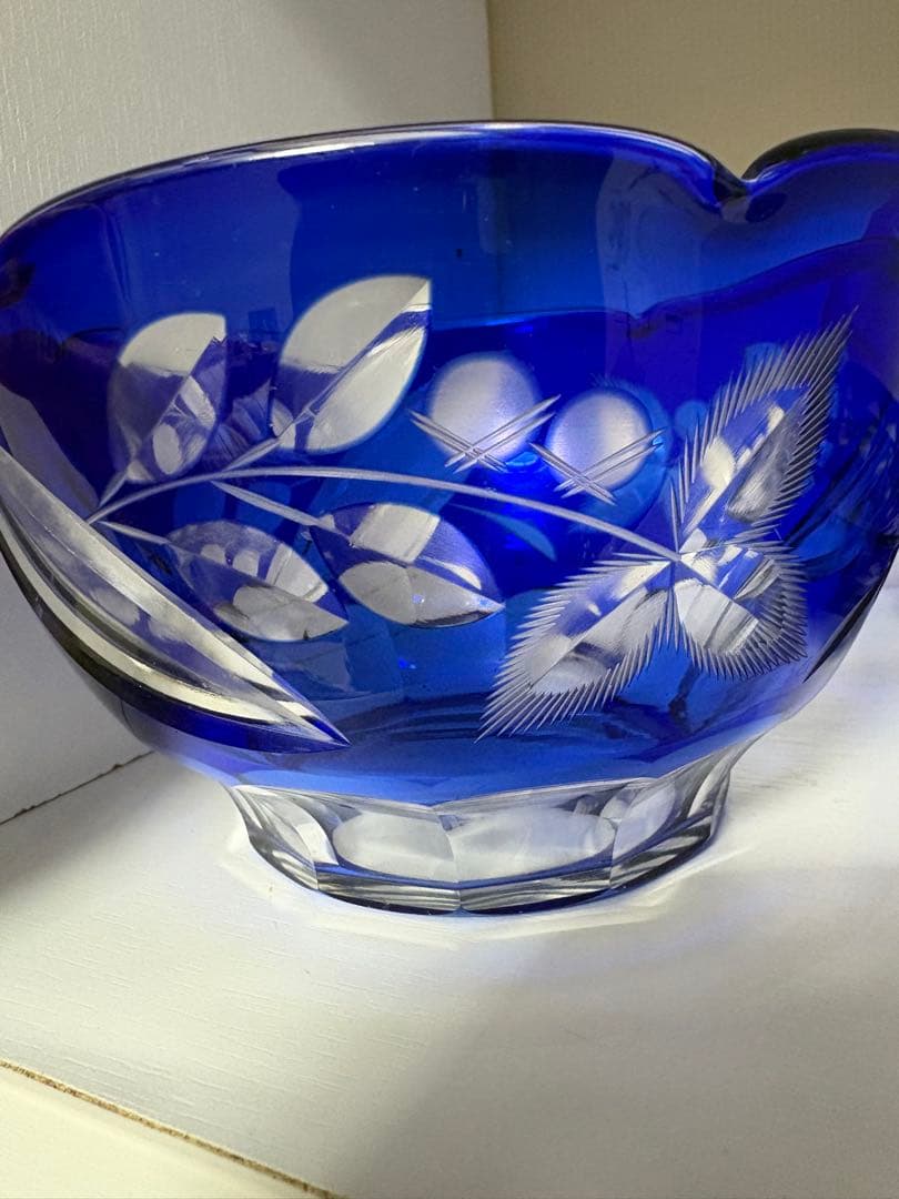 昭和レトロ 切子ガラス 青被せ サラダボウル 小皿4枚