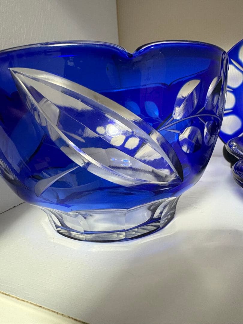 昭和レトロ 切子ガラス 青被せ サラダボウル 小皿4枚