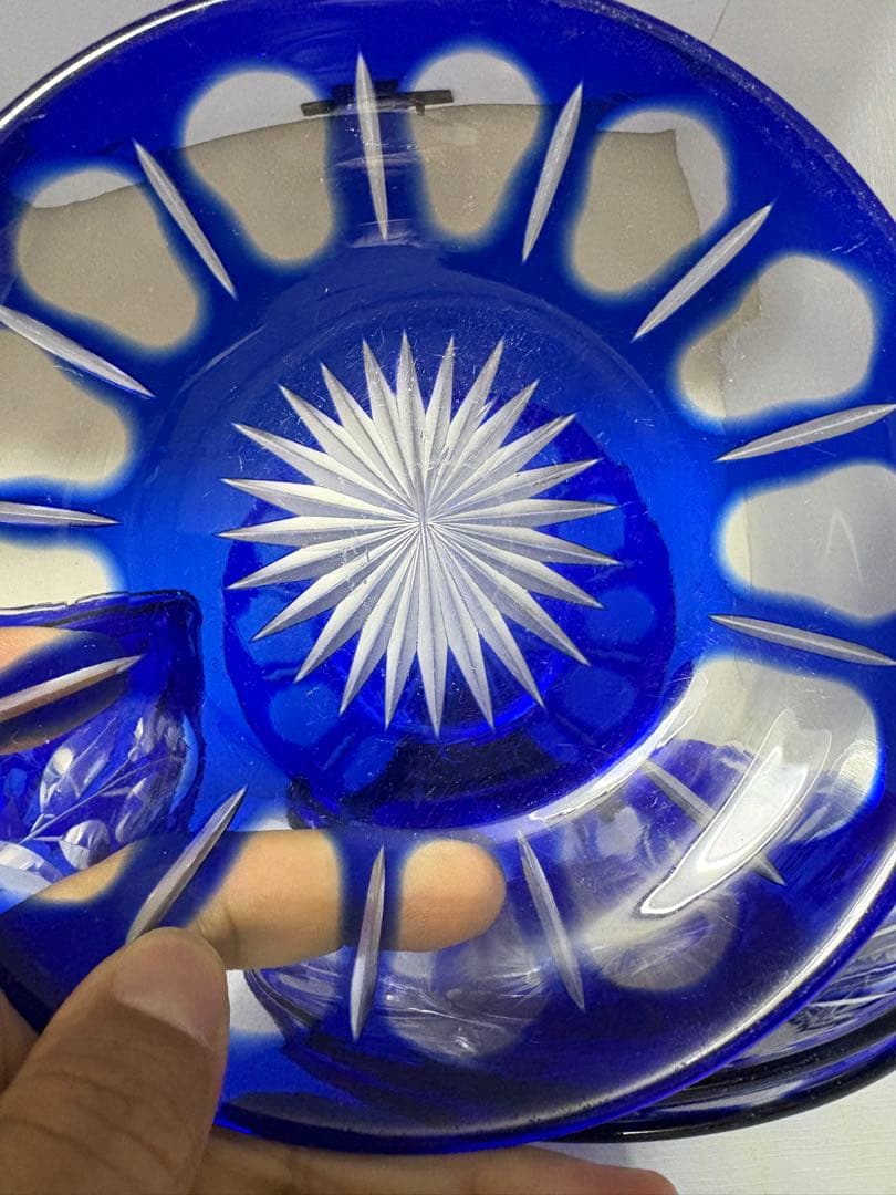 昭和レトロ 切子ガラス 青被せ サラダボウル 小皿4枚
