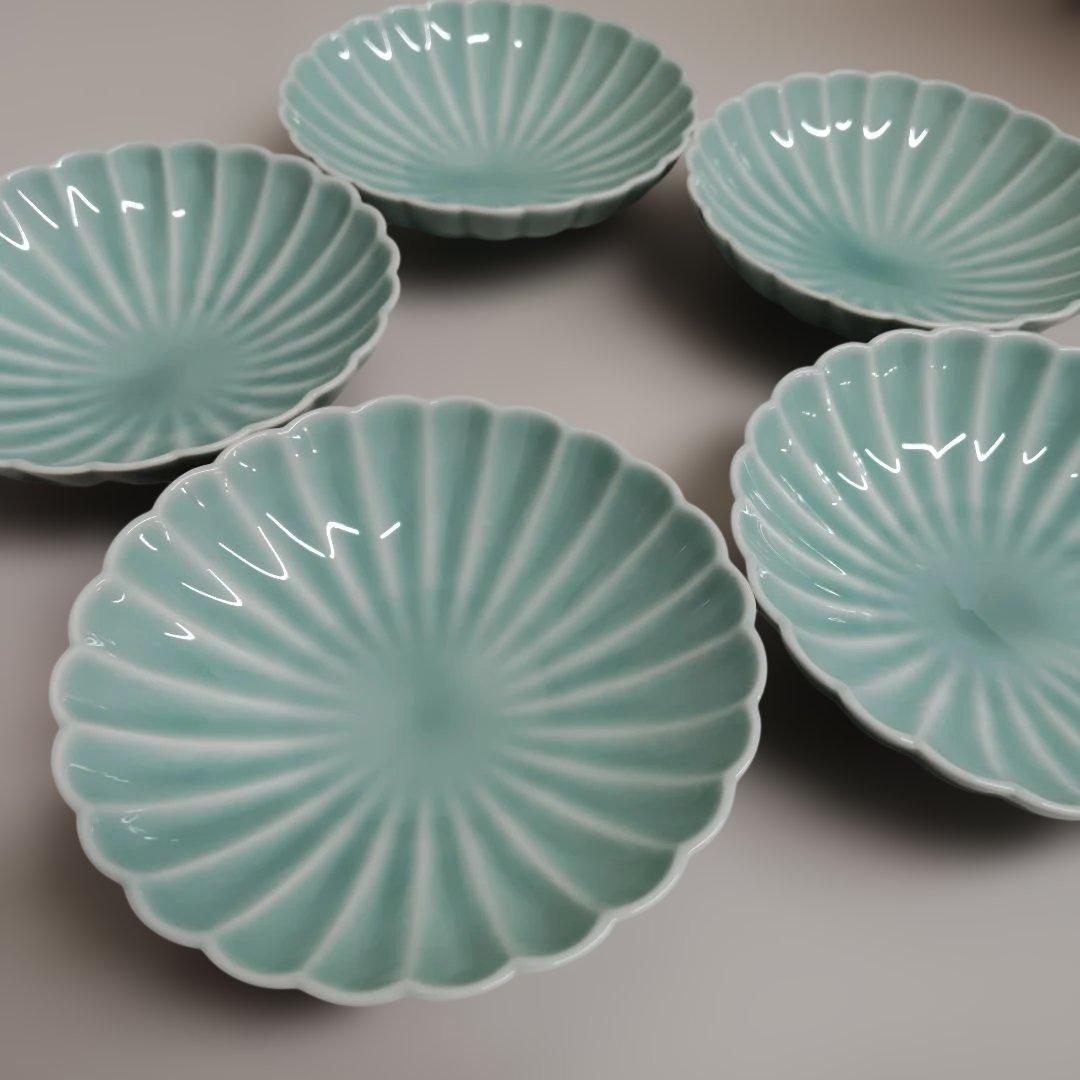 深川製磁　青磁菊割小付揃　菊花　5枚セット　未使用