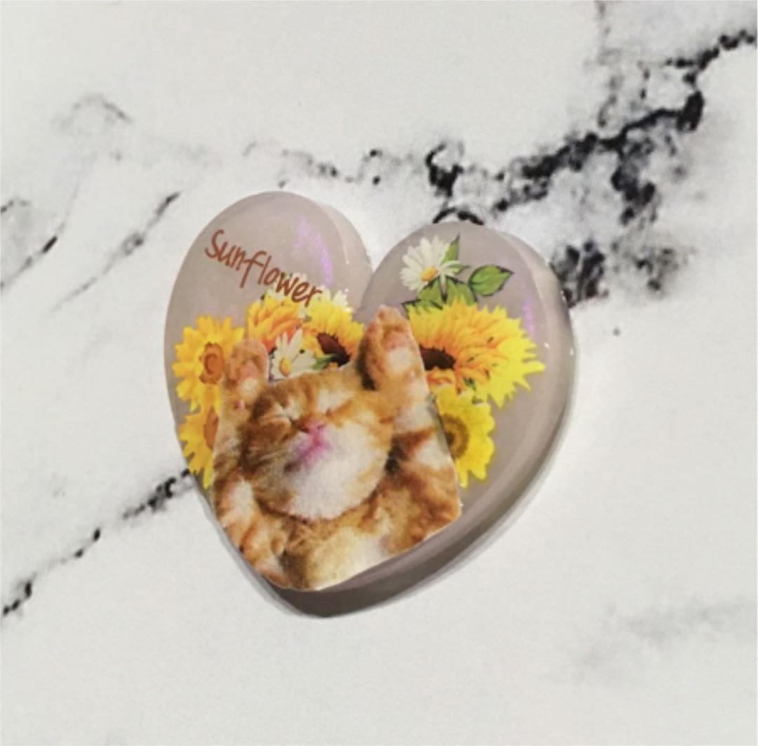 レジンヘアゴム、ハートひまわり猫ちゃん・再販不可