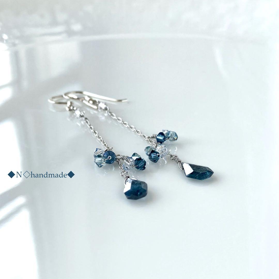天然石インディゴカイヤナイトのロングピアス スワロフスキー・クリスタルの煌めき✧