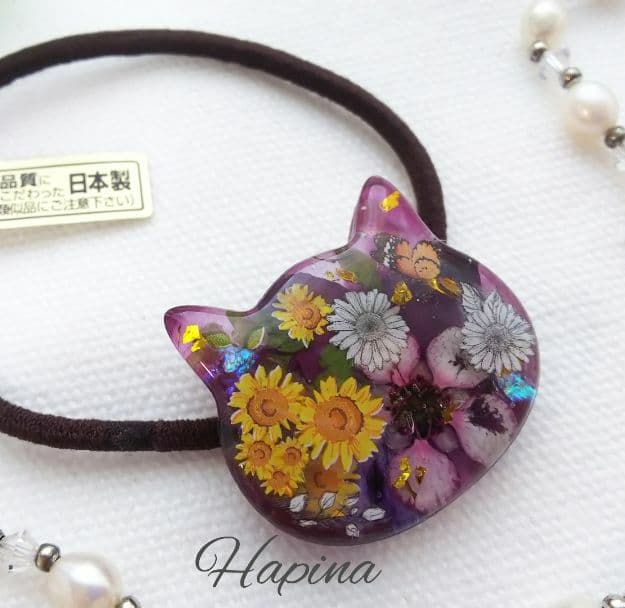 ひまわりパープル猫ちゃんレジンヘアゴム ポニーフック変更可能。