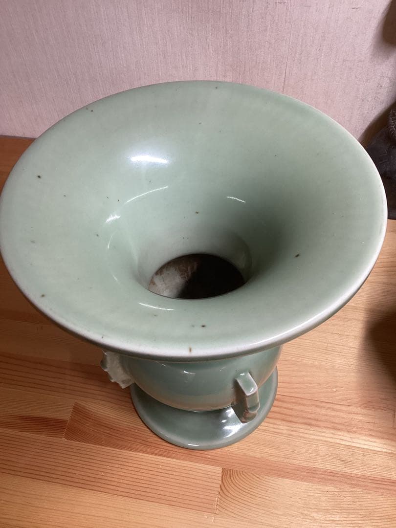 中国古美術　ラッパ口時代物古青磁　花器　置物古美術品高さ約25cm×幅約21cm