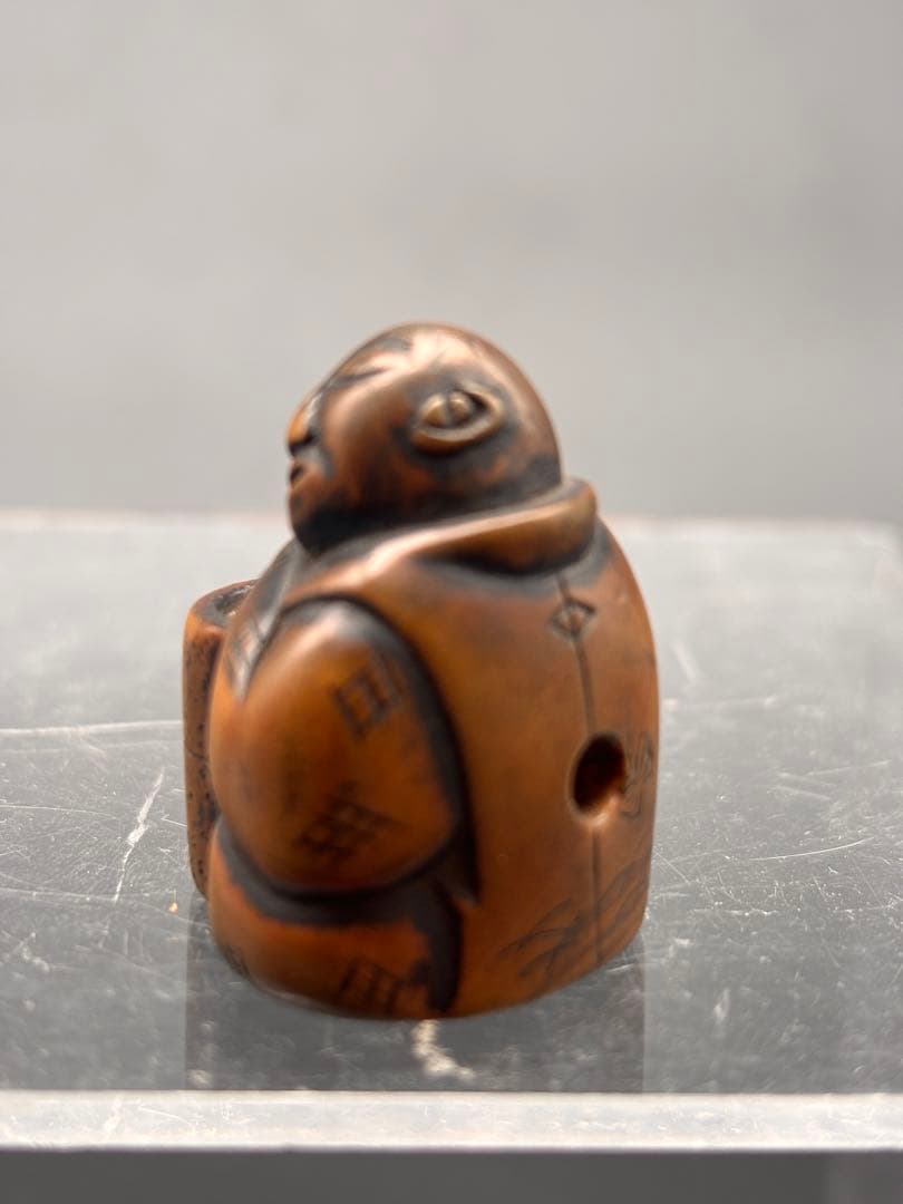 木彫　人物根付　石臼引　江戸期　提げ物