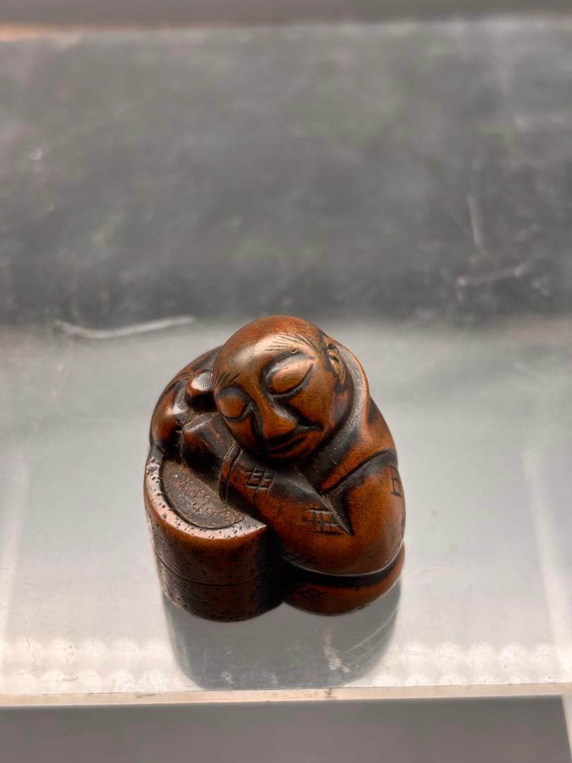 木彫　人物根付　石臼引　江戸期　提げ物