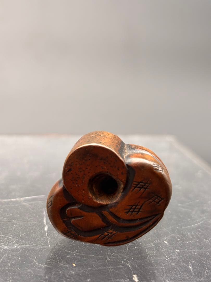 木彫　人物根付　石臼引　江戸期　提げ物