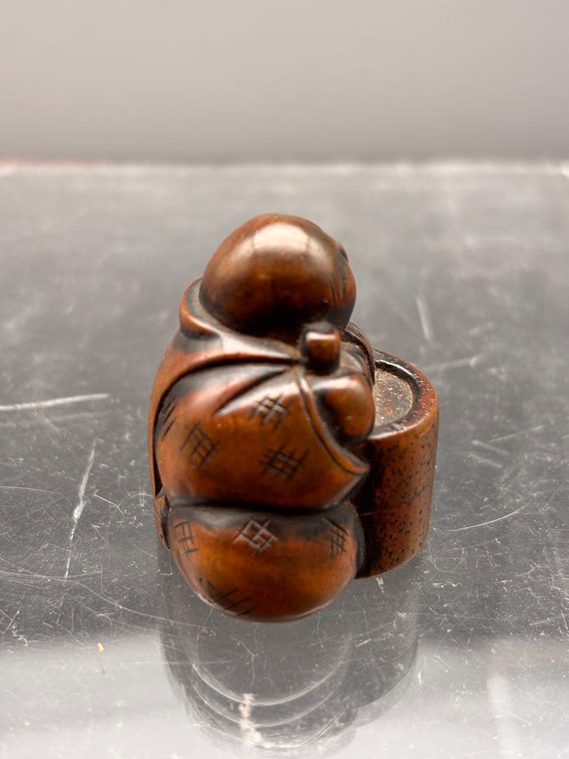 木彫　人物根付　石臼引　江戸期　提げ物