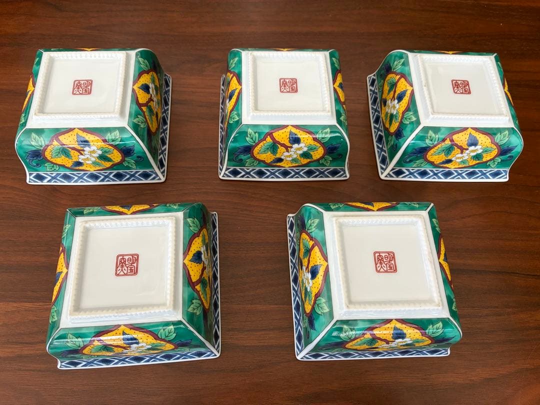 花柄角型皿5個セット　有田焼　明国窯火