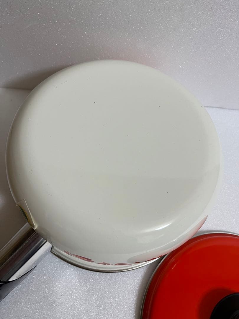 【昭和レトロ】ミッチ ホーロー鍋(両手鍋&片手鍋)セット 白とオレンジ色 花柄