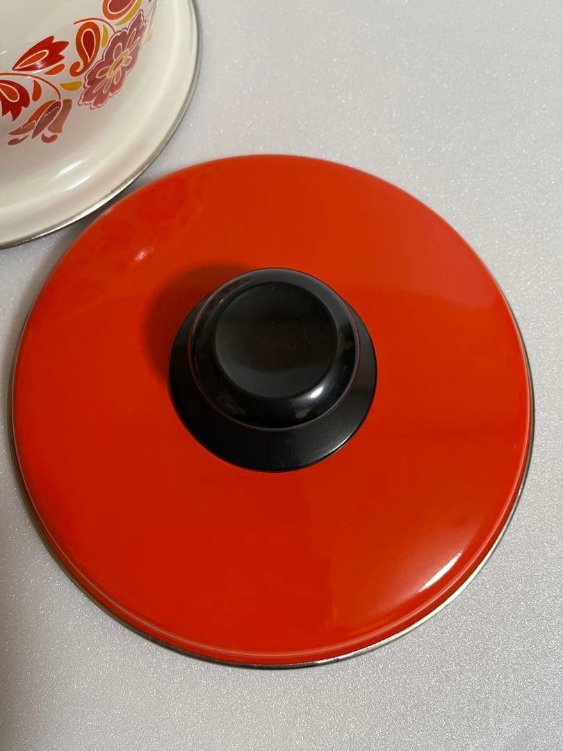 【昭和レトロ】ミッチ ホーロー鍋(両手鍋&片手鍋)セット 白とオレンジ色 花柄