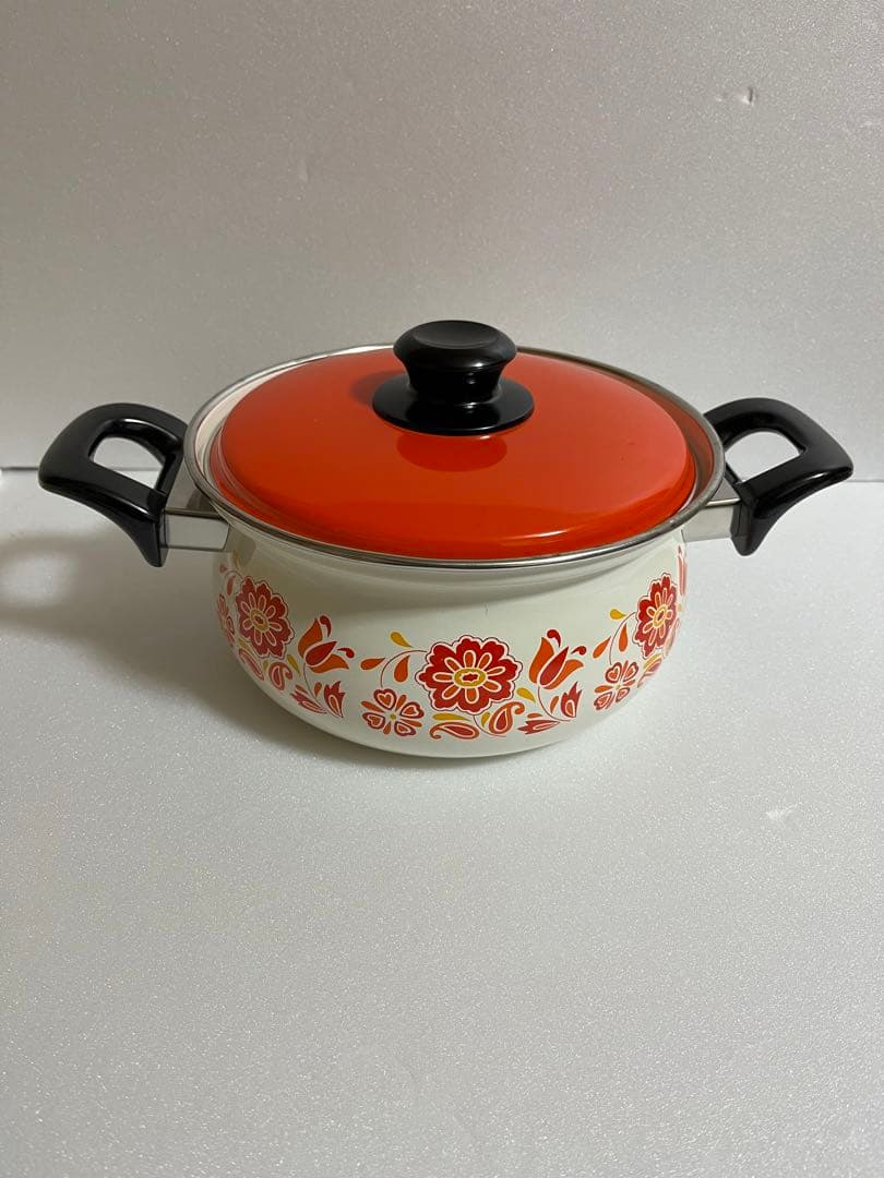 【昭和レトロ】ミッチ ホーロー鍋(両手鍋&片手鍋)セット 白とオレンジ色 花柄