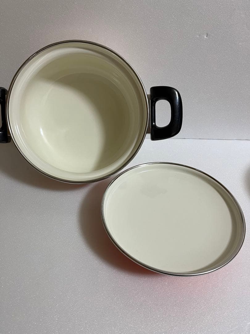 【昭和レトロ】ミッチ ホーロー鍋(両手鍋&片手鍋)セット 白とオレンジ色 花柄