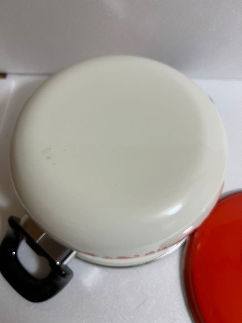 【昭和レトロ】ミッチ ホーロー鍋(両手鍋&片手鍋)セット 白とオレンジ色 花柄