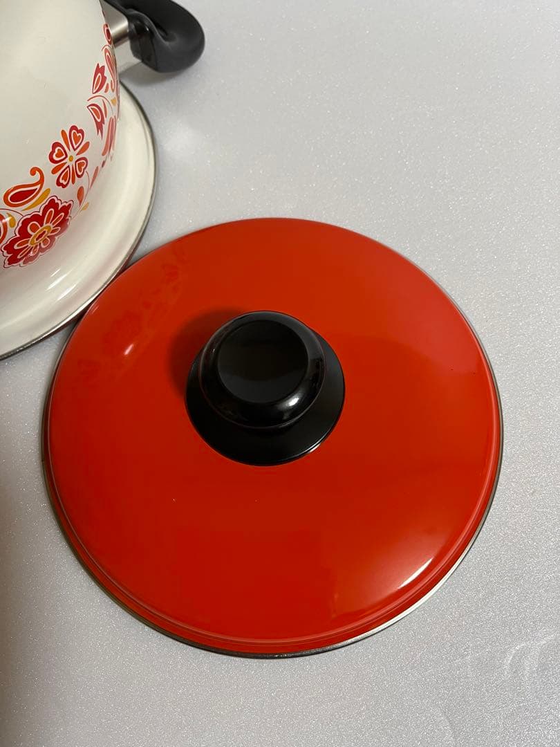 【昭和レトロ】ミッチ ホーロー鍋(両手鍋&片手鍋)セット 白とオレンジ色 花柄