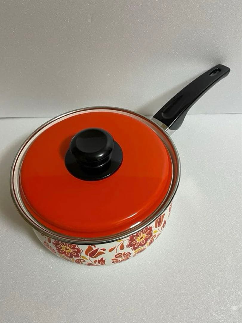 【昭和レトロ】ミッチ ホーロー鍋(両手鍋&片手鍋)セット 白とオレンジ色 花柄