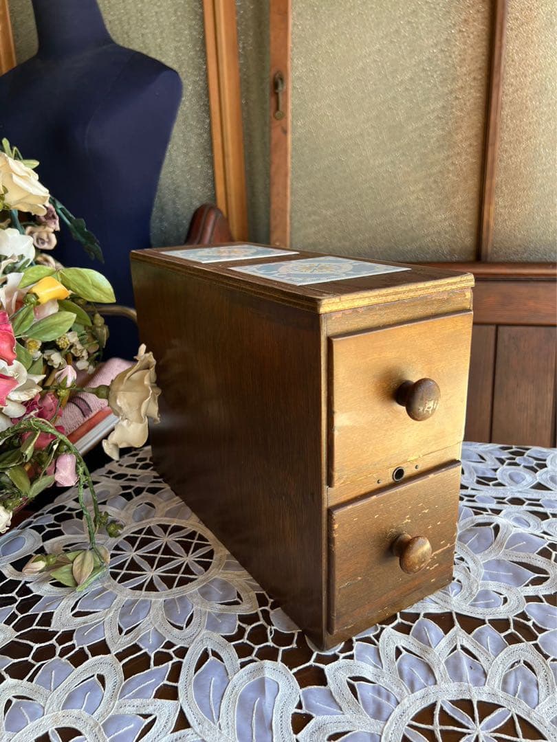 小引き出し 小物入れ タイル張 アンティーク ミシン引き出し 2段 ①インテリア