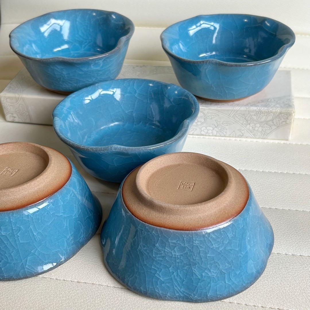 たち吉　橘吉　青彩　九重青磁　小鉢揃　５枚セット　輪花鉢　和食器　土物　貫入陶器