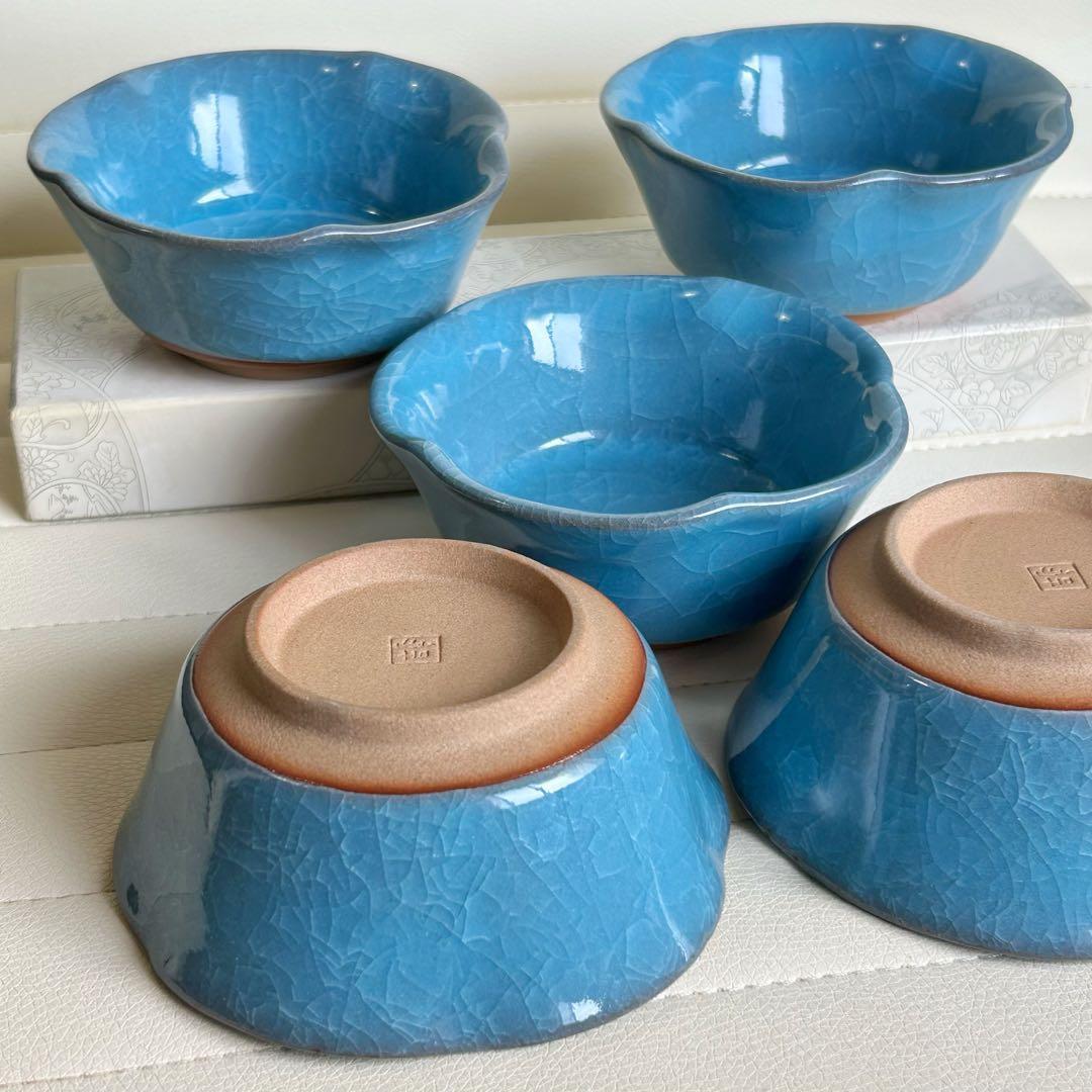 たち吉　橘吉　青彩　九重青磁　小鉢揃　５枚セット　輪花鉢　和食器　土物　貫入陶器