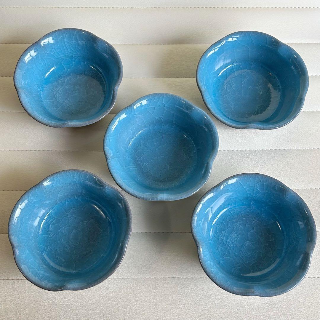 たち吉　橘吉　青彩　九重青磁　小鉢揃　５枚セット　輪花鉢　和食器　土物　貫入陶器