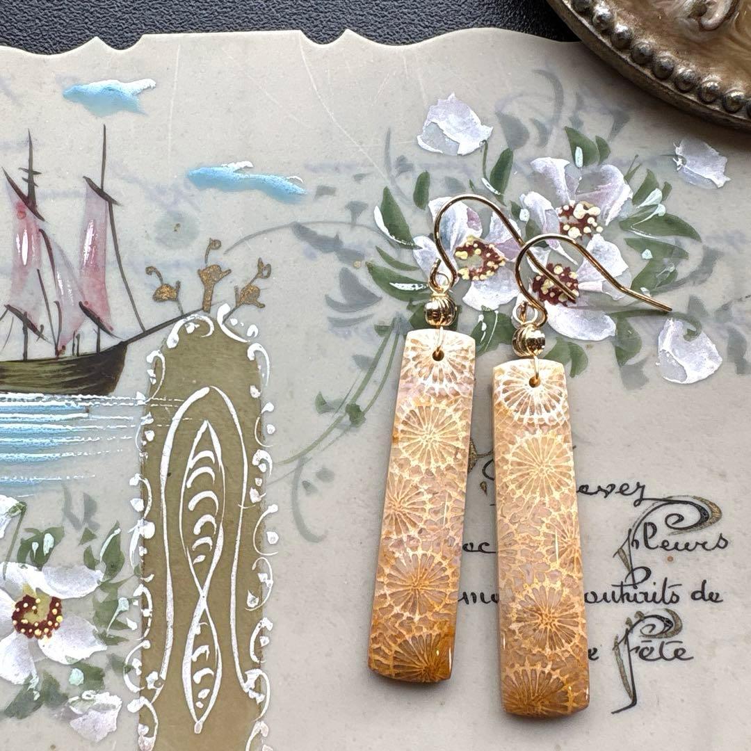 《のほほん様》フォッシルコーラルレクタングル&アイアゲート＊ピアスorイヤリング