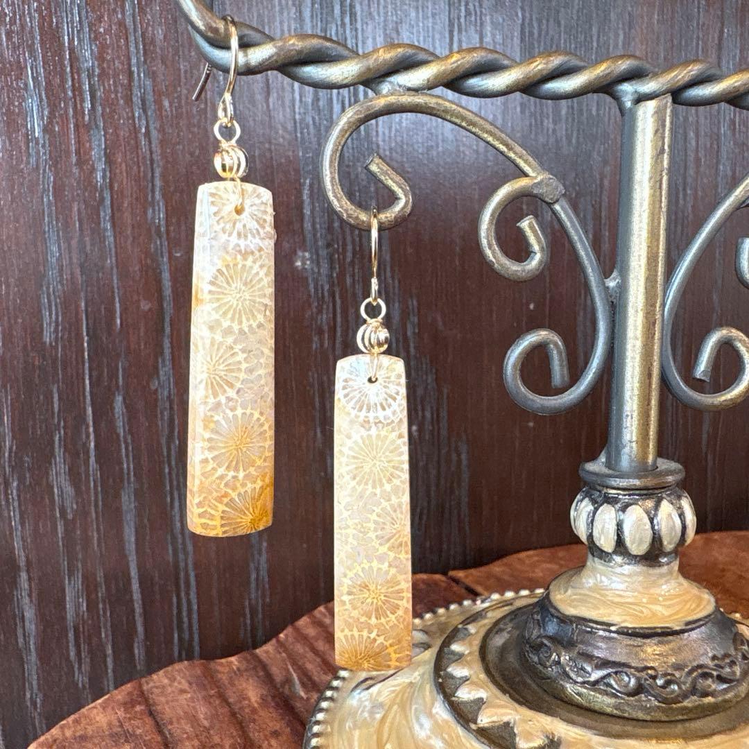 《のほほん様》フォッシルコーラルレクタングル&アイアゲート＊ピアスorイヤリング