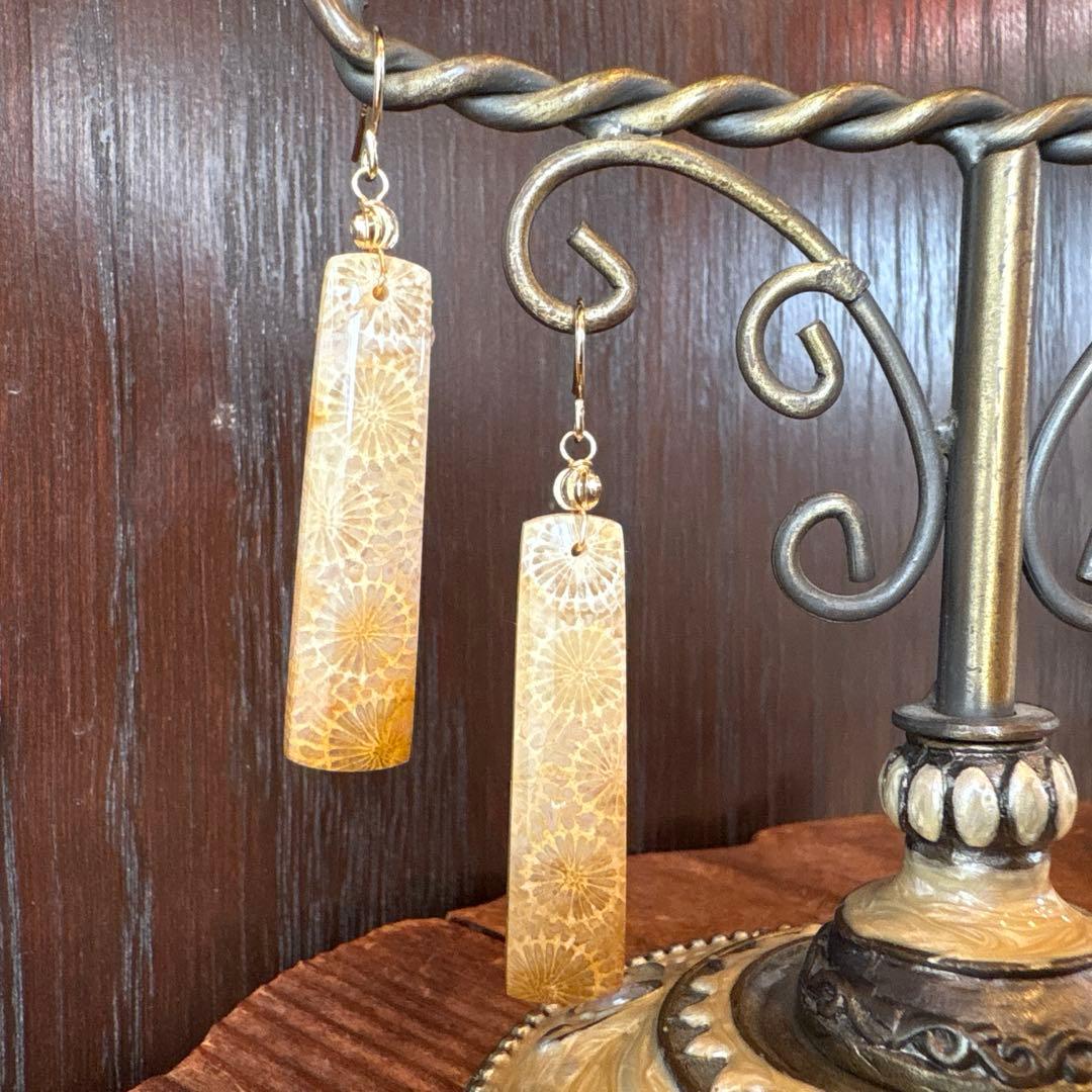 《のほほん様》フォッシルコーラルレクタングル&アイアゲート＊ピアスorイヤリング