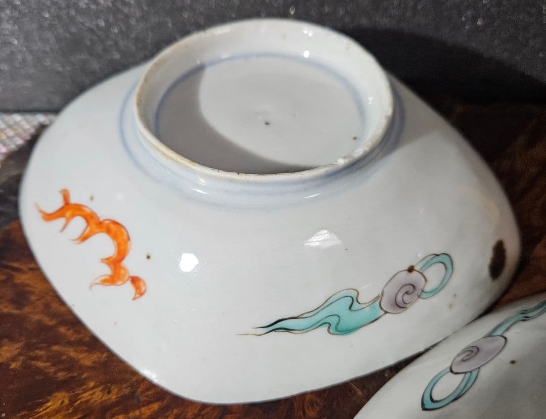 【上作品❗】江戸時代末期～明治時代初期　古伊万里　錦手　菊花に波文様　菱形皿2客