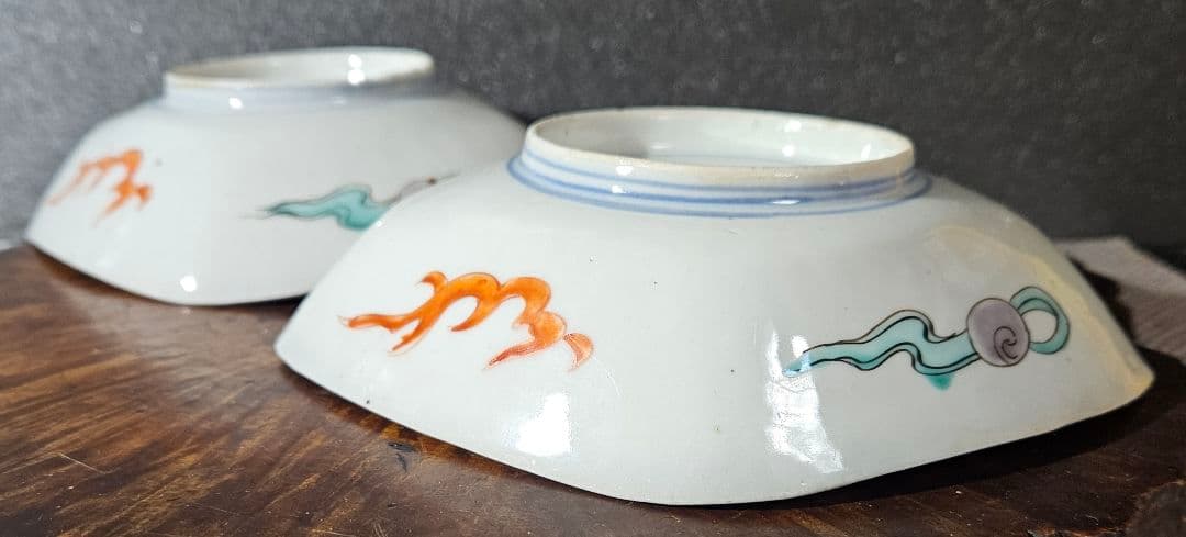 【上作品❗】江戸時代末期～明治時代初期　古伊万里　錦手　菊花に波文様　菱形皿2客