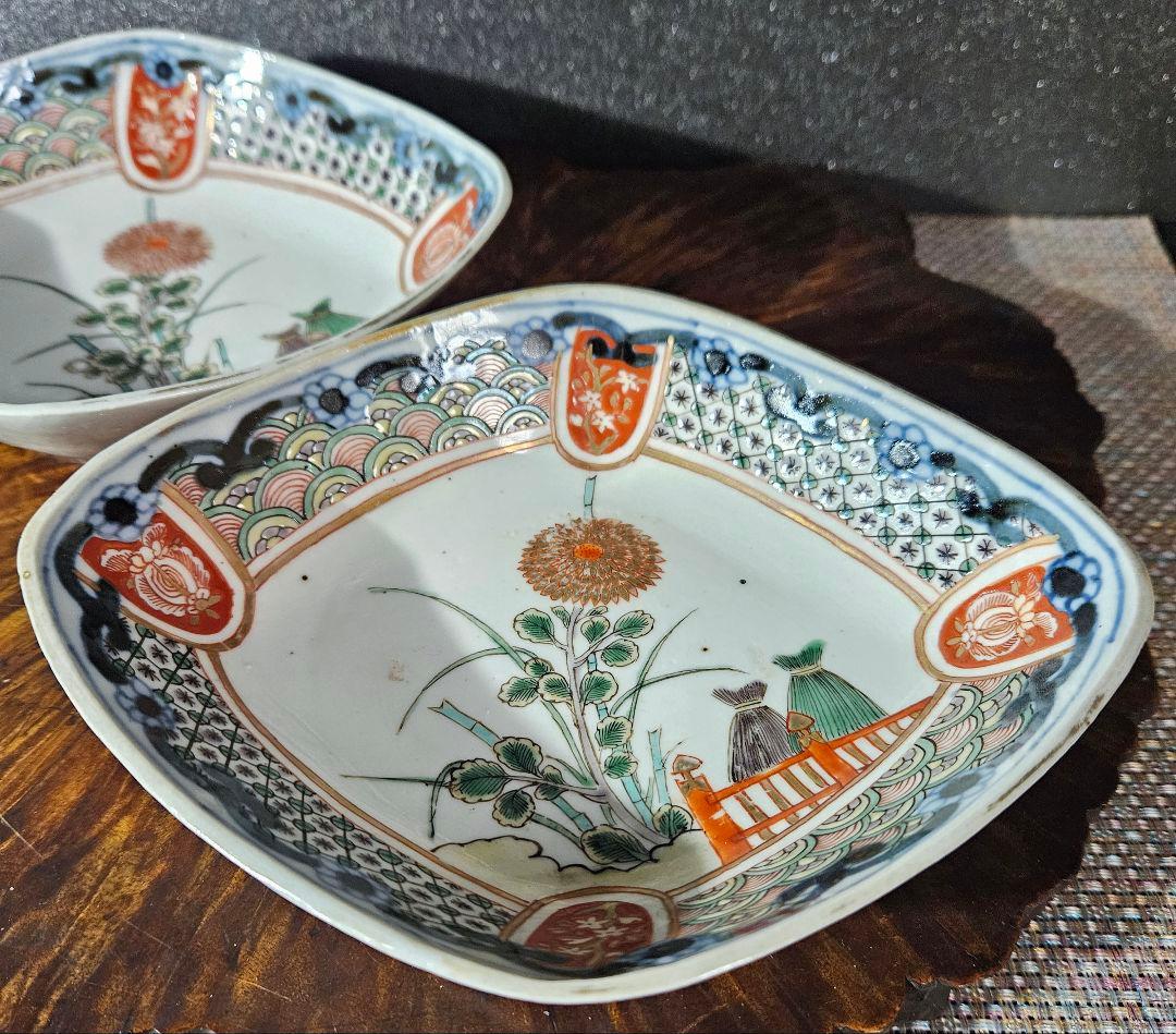 【上作品❗】江戸時代末期～明治時代初期　古伊万里　錦手　菊花に波文様　菱形皿2客