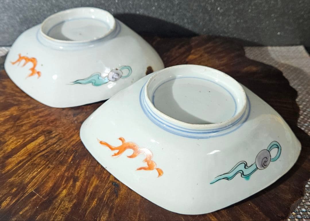 【上作品❗】江戸時代末期～明治時代初期　古伊万里　錦手　菊花に波文様　菱形皿2客