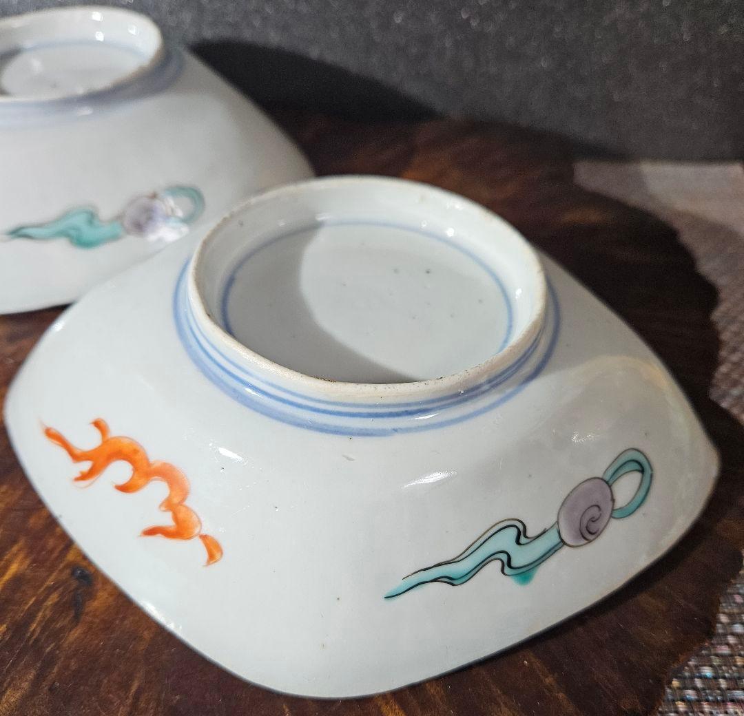 【上作品❗】江戸時代末期～明治時代初期　古伊万里　錦手　菊花に波文様　菱形皿2客