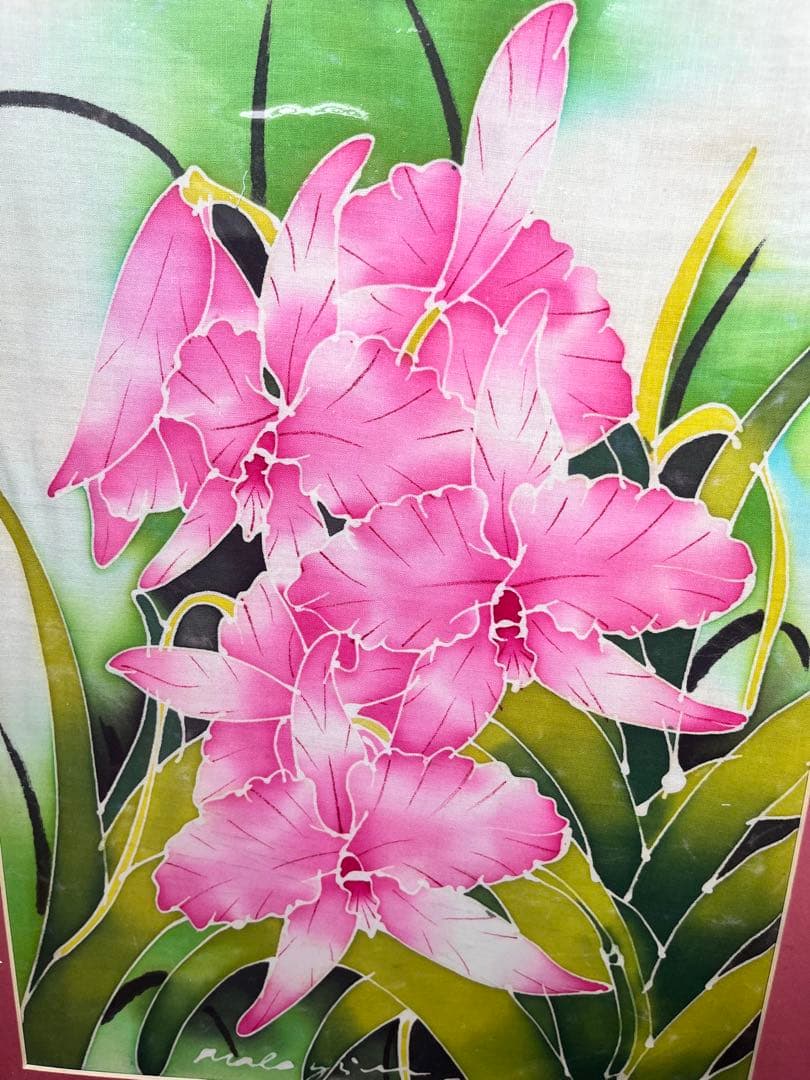 【アジアンアート】バティック(ろうけつ染め )絵画(桃色)マレーシア購入 新品