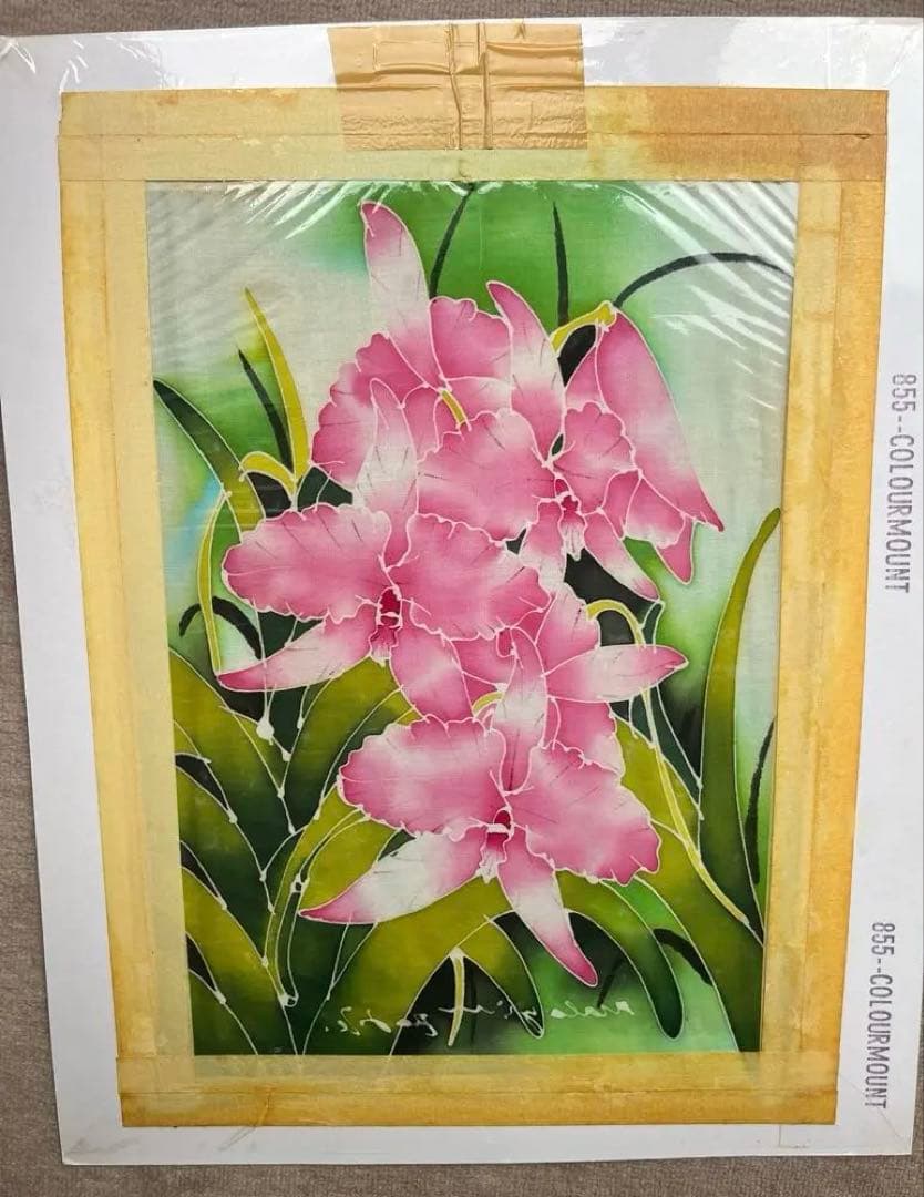 【アジアンアート】バティック(ろうけつ染め )絵画(桃色)マレーシア購入 新品