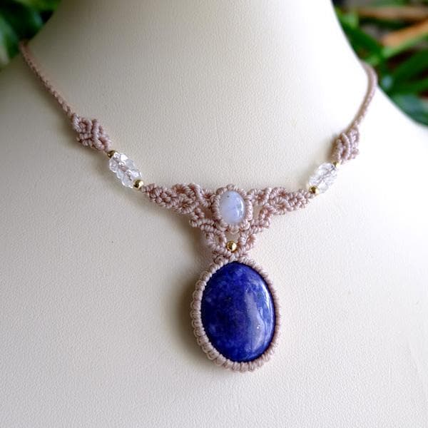 ラピスラズリ・ムーンストーン6月誕生石マクラメ編みチョーカーネックレス 3425