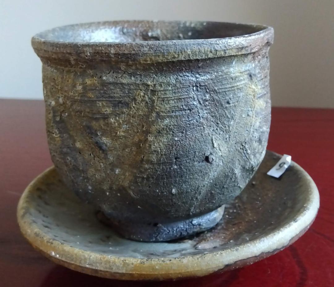 越前焼　白越不朝　塩越窯灰釉究極美逸品ぐい呑み/湯呑2種茶托3点セットNo:9