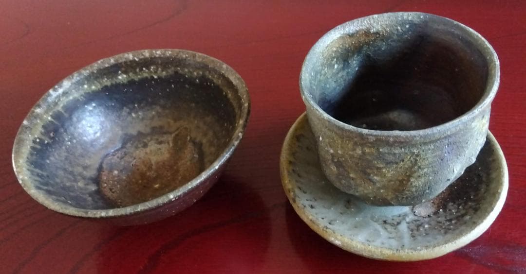 越前焼　白越不朝　塩越窯灰釉究極美逸品ぐい呑み/湯呑2種茶托3点セットNo:9