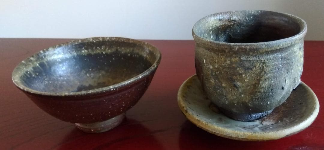 越前焼　白越不朝　塩越窯灰釉究極美逸品ぐい呑み/湯呑2種茶托3点セットNo:9