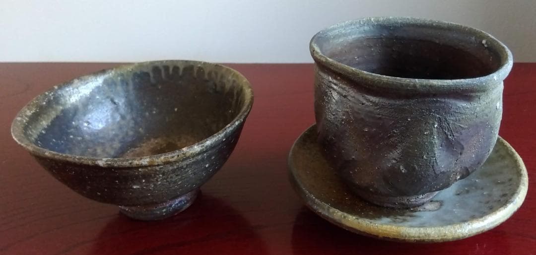 越前焼　白越不朝　塩越窯灰釉究極美逸品ぐい呑み/湯呑2種茶托3点セットNo:9