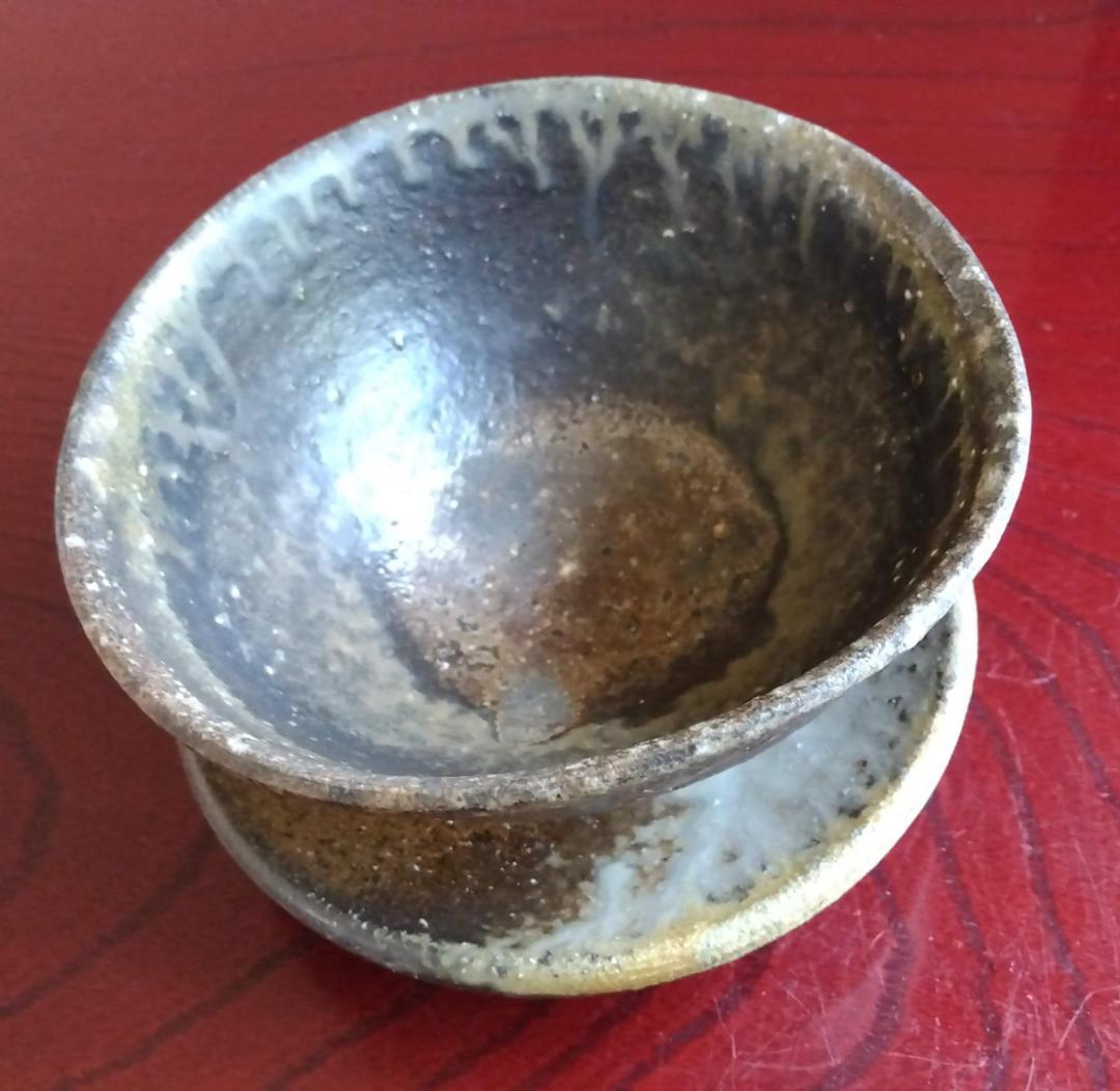 越前焼　白越不朝　塩越窯灰釉究極美逸品ぐい呑み/湯呑2種茶托3点セットNo:9