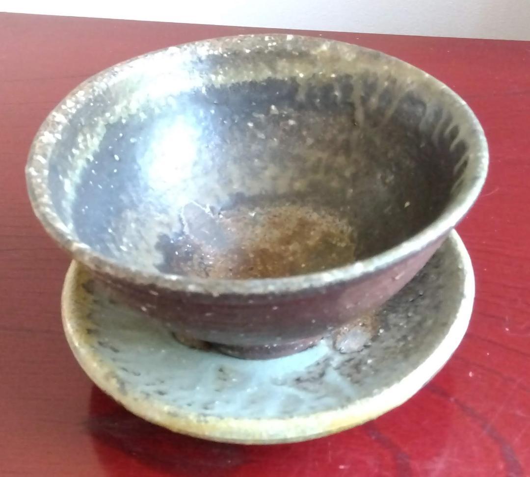 越前焼　白越不朝　塩越窯灰釉究極美逸品ぐい呑み/湯呑2種茶托3点セットNo:9