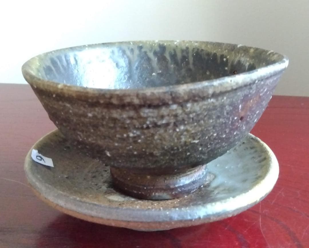 越前焼　白越不朝　塩越窯灰釉究極美逸品ぐい呑み/湯呑2種茶托3点セットNo:9