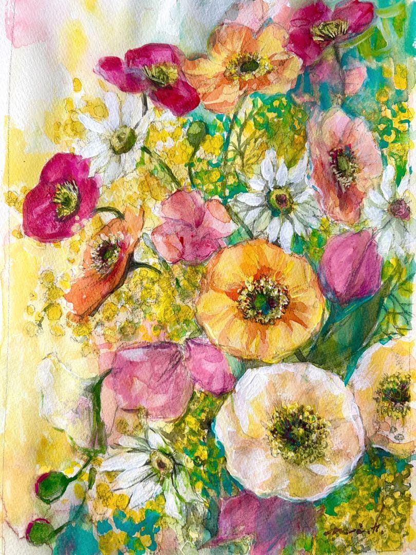 メロウなポピー　水彩画　A4サイズ ホワイト額入り