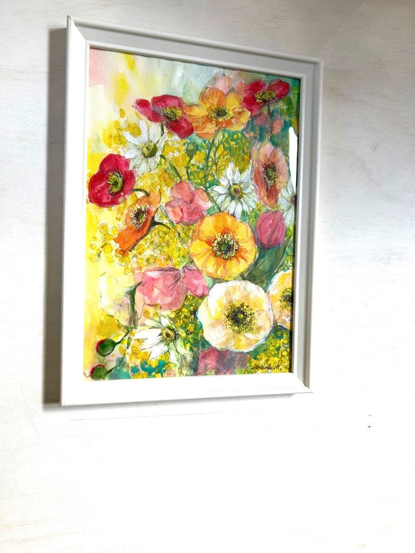 メロウなポピー　水彩画　A4サイズ ホワイト額入り