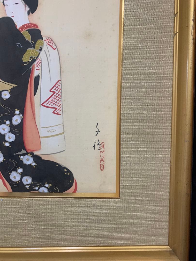 絵画額装　日本画　肉筆画　真作　木谷千種『美人画』女流画家