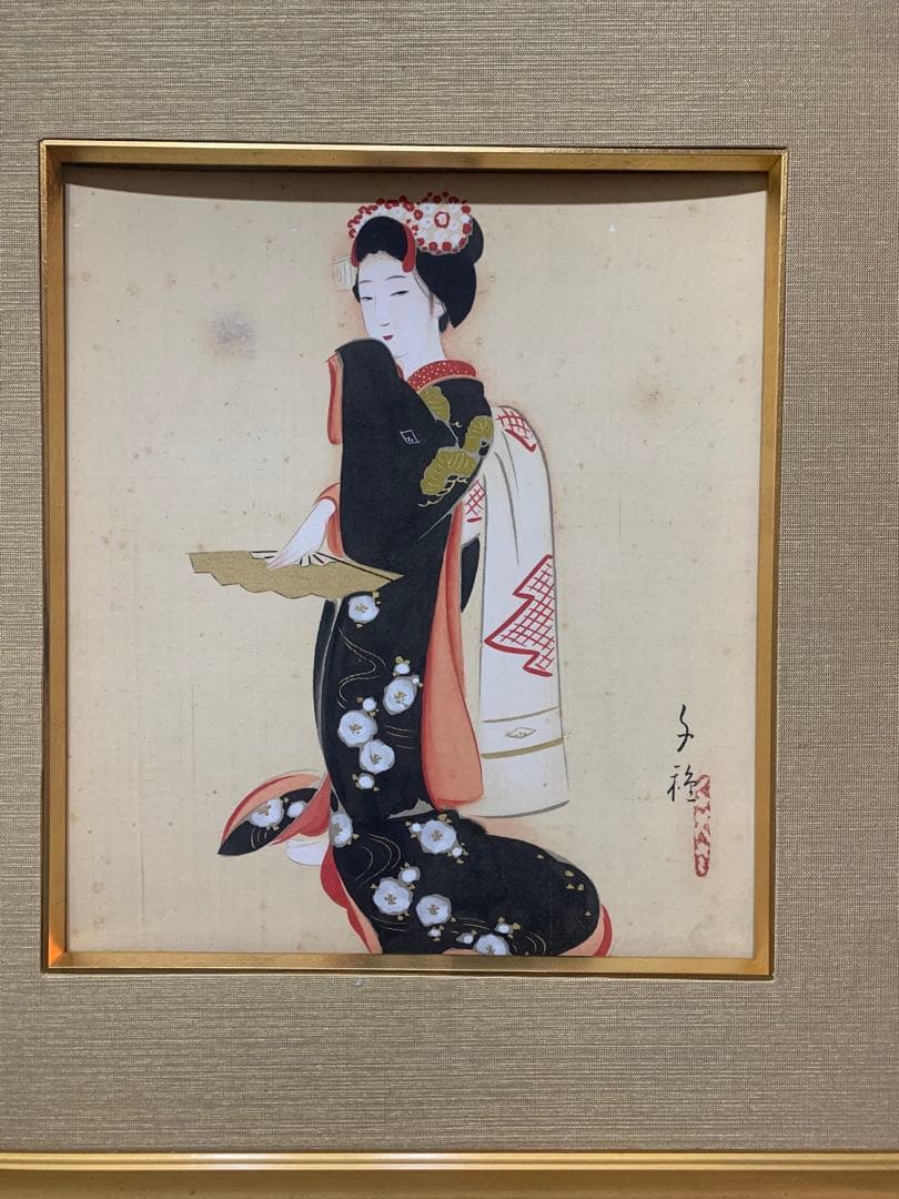 絵画額装　日本画　肉筆画　真作　木谷千種『美人画』女流画家